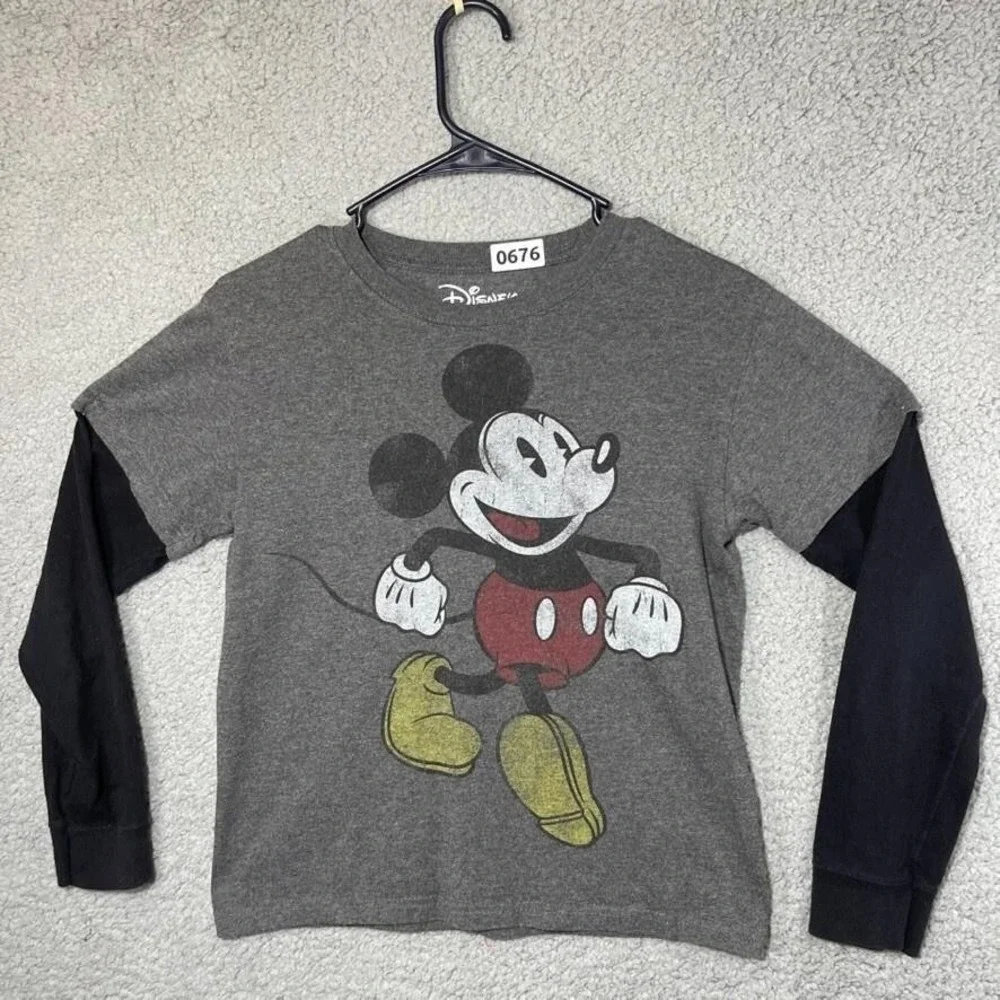 Disney Shirt Boys Large Gray Long Sleeve Crewneck Cotton Jersey Mickey Mouse